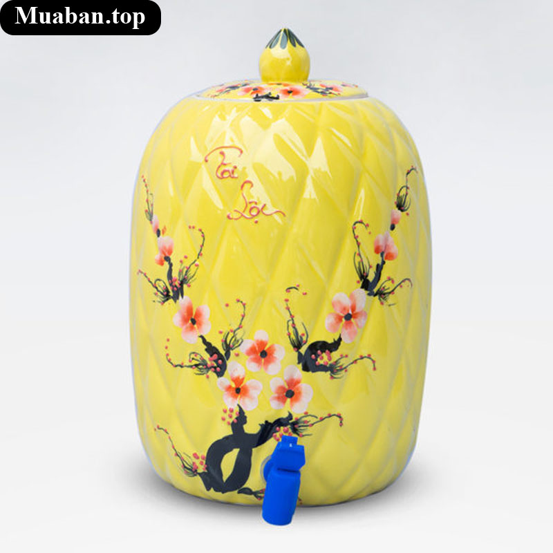 Bình sứ đựng nước tài lộc màu vàng cành đào 10 lít