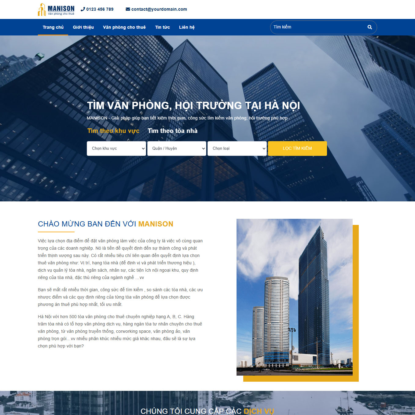 Mẫu giao diện website cho thuê văn phòng Manison dành cho WordPress