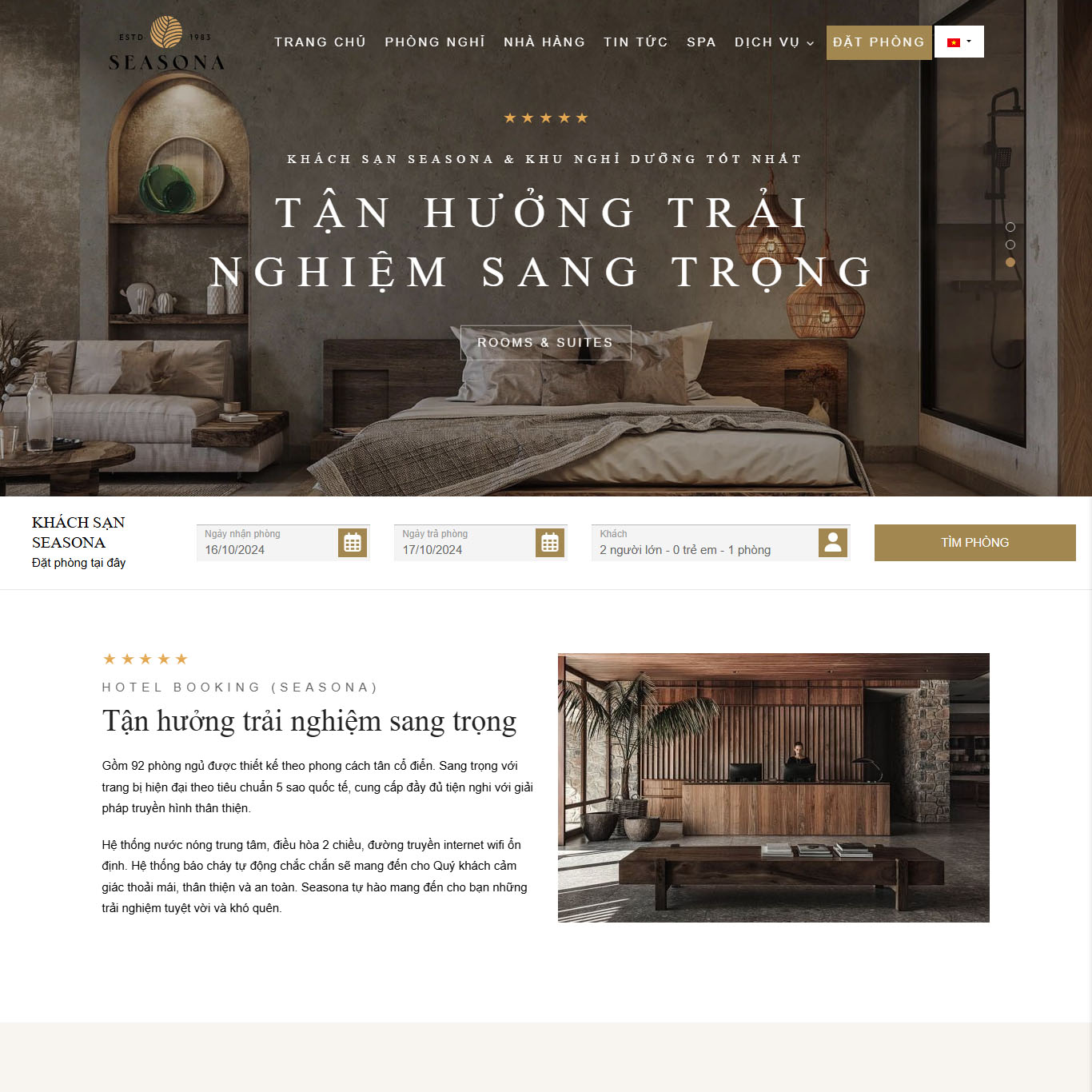 Mẫu giao diện website đặt phòng khách sạn Seasona dành cho WordPress