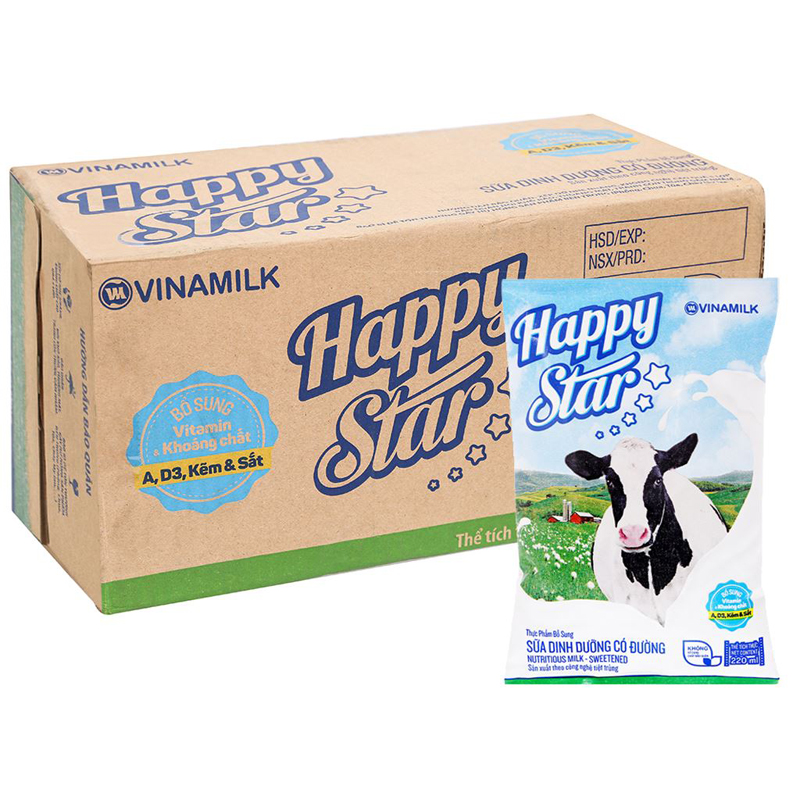 Thùng 48 bịch sữa dinh dưỡng tiệt trùng có đường Vinamilk Happy Star 220ml