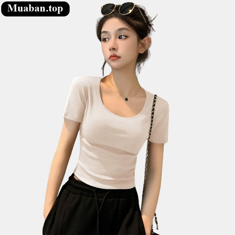 Áo thun nữ croptop cổ vuông tay ngắn nhỏ nhắn xinh xắn
