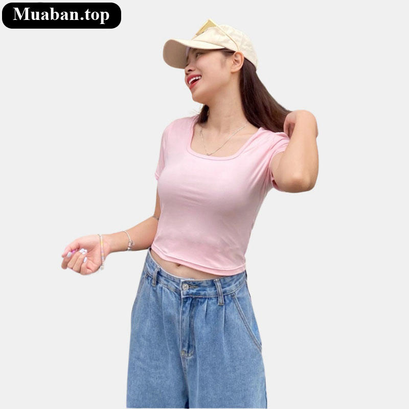 Áo thun nữ croptop cổ vuông tay ngắn nhỏ nhắn xinh xắn 3