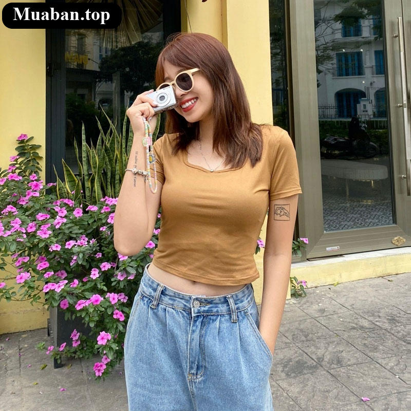 Áo thun nữ croptop cổ vuông tay ngắn nhỏ nhắn xinh xắn 4