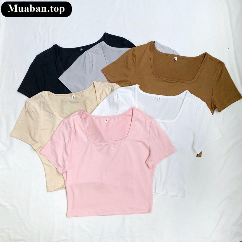 Áo thun nữ croptop cổ vuông tay ngắn nhỏ nhắn xinh xắn 5