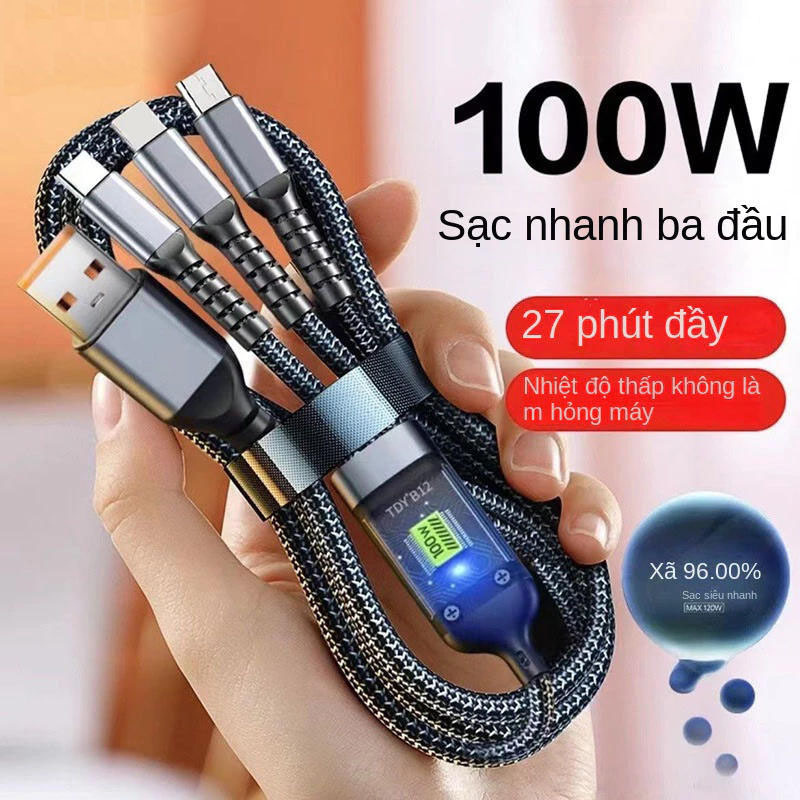 Cáp sạc nhanh 100W 3 đầu có tự ngắt khi đầy pin