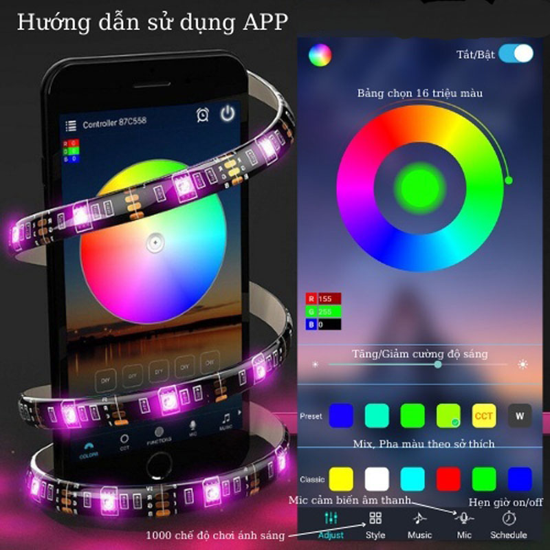 Đèn Led dây RGB 16 triệu màu 5M điều khiển đổi màu bằng app 2