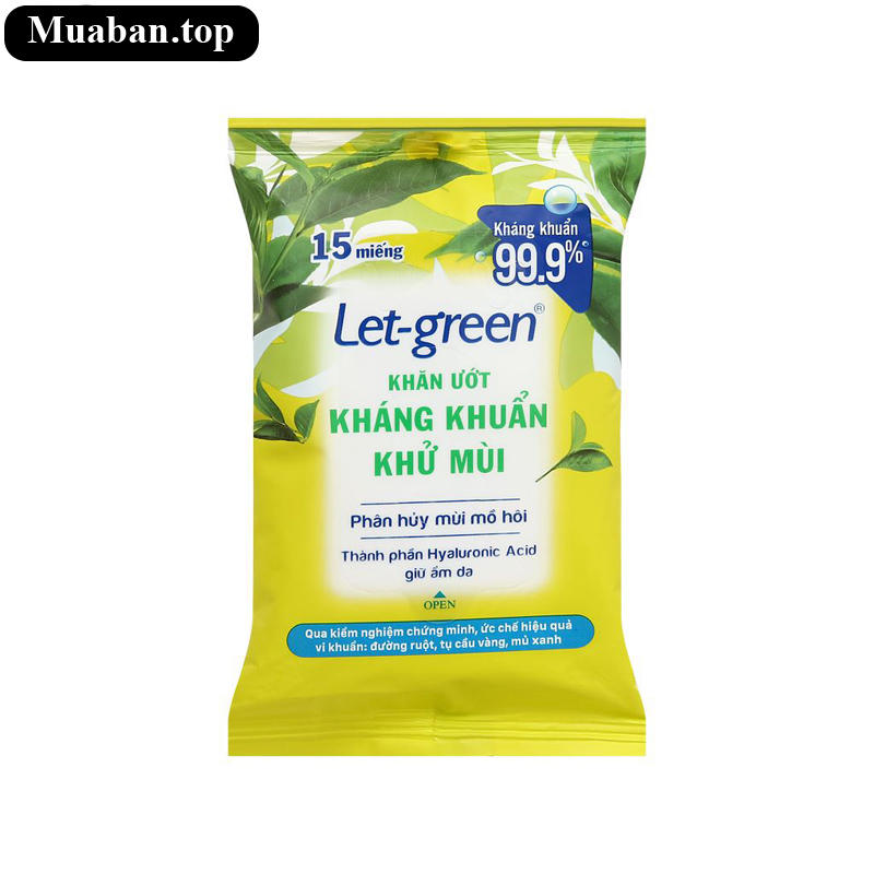 Khăn ướt Let-green kháng khuẩn khử mùi gói 15 miếng Khăn ướt Let-green kháng khuẩn khử mùi gói 15 miếng