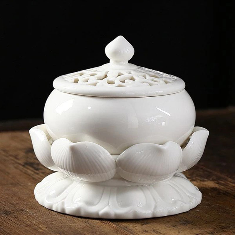 Lư gốm hoa sen trắng cỡ lớn
