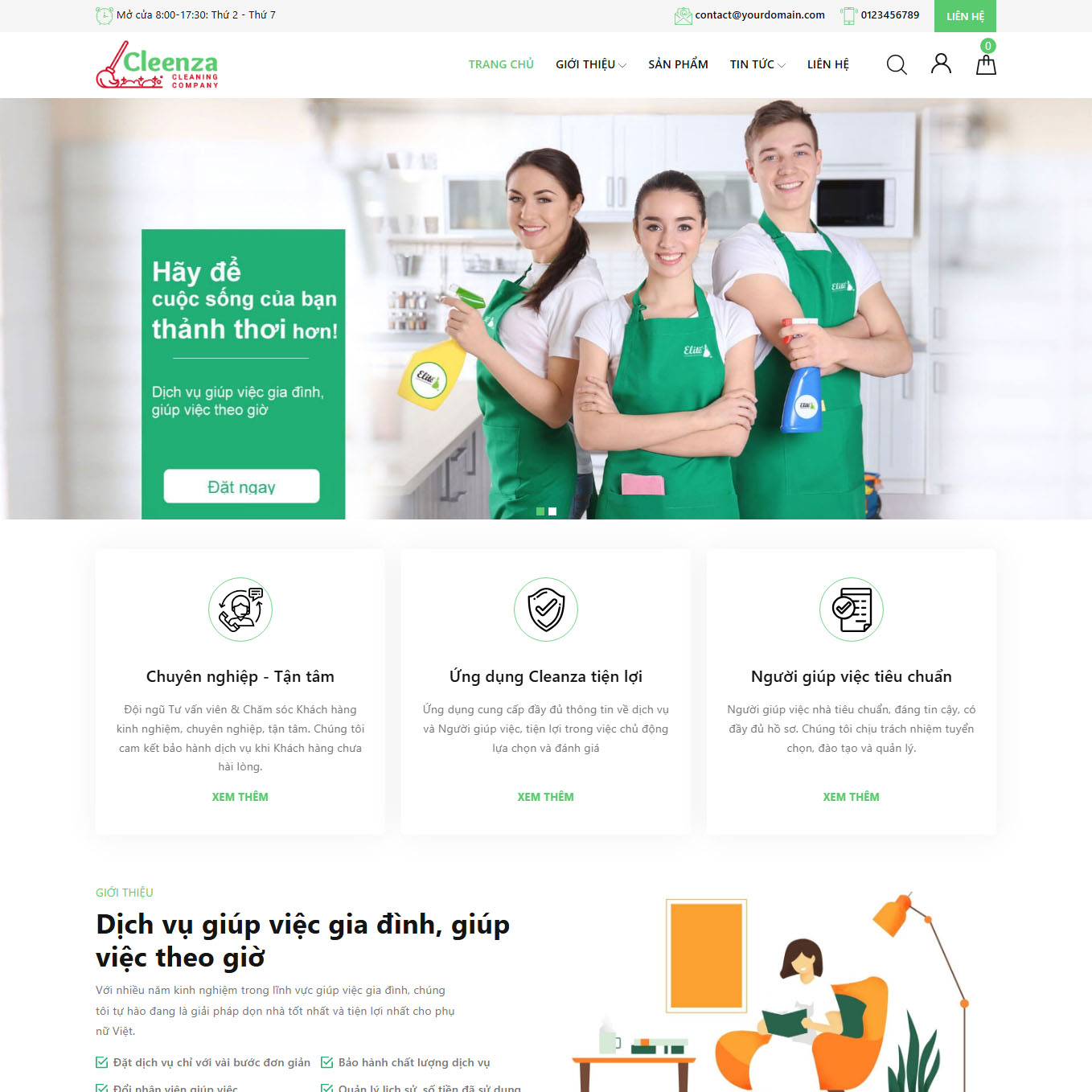 Mẫu giao diện website Dịch vụ giúp việc tại nhà Cleanza dành cho WordPress