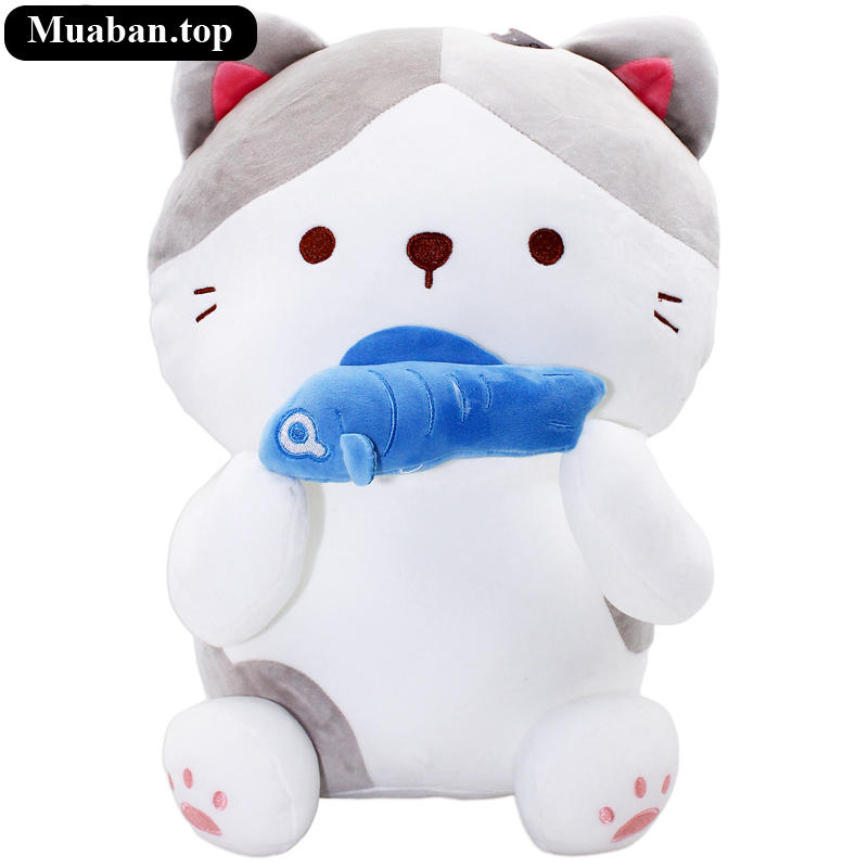 Thú Bông Mèo Trắng Xám Ôm Cá 45 cm