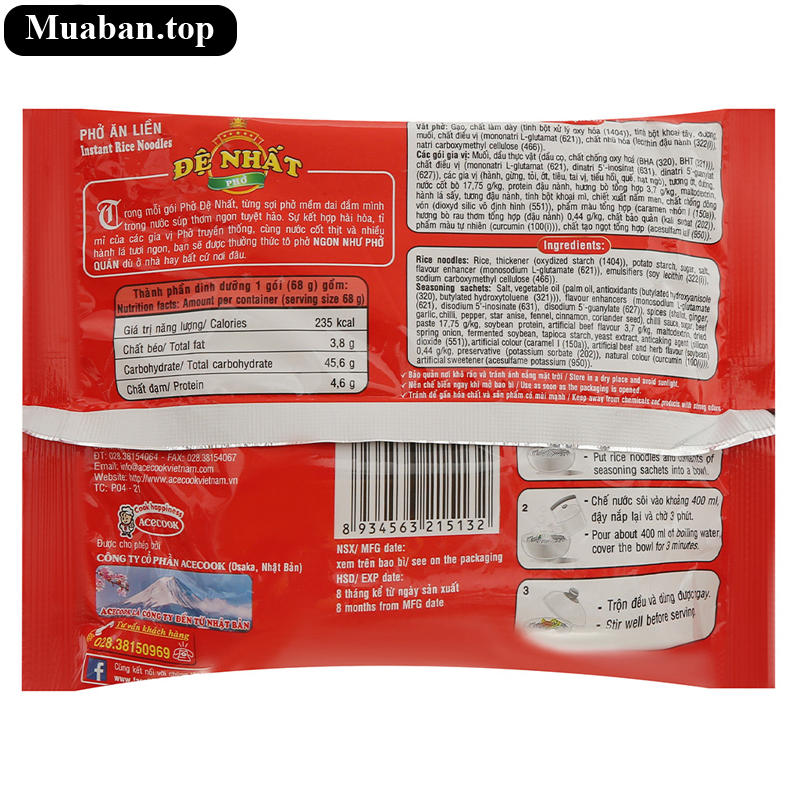 Thùng 30 gói phở bò Đệ Nhất 65g 2